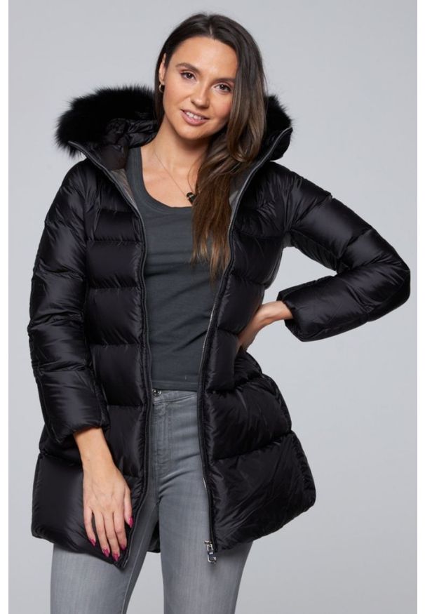 Hetrego - HETREGO Czarna damska długa kurtka puchowa Hanna z lisem, Rozmiar 40 EU - 44 IT. Kolor: czarny. Materiał: puch. Długość: długie