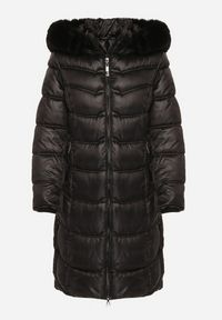 Born2be - Czarna Pikowana Kurtka Płaszcz za Kolano z Kapturem i Futerkiem Naelora. Typ kołnierza: kaptur. Kolor: czarny. Materiał: futro #3