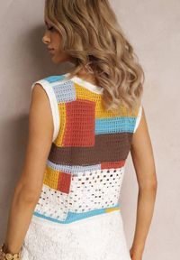 Renee - Biało-Niebieski Top z Bawełnianej Dzierganej Tkaniny Zapinany na Guziki Kawayne. Kolor: biały. Materiał: bawełna, dziergany, tkanina. Styl: boho #4