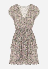 Born2be - Szaro-Różowa Bawełniana Sukienka z Gumką w Pasie w Kwiatowy Wzór Pledoria. Kolor: szary. Materiał: bawełna. Wzór: kwiaty #5