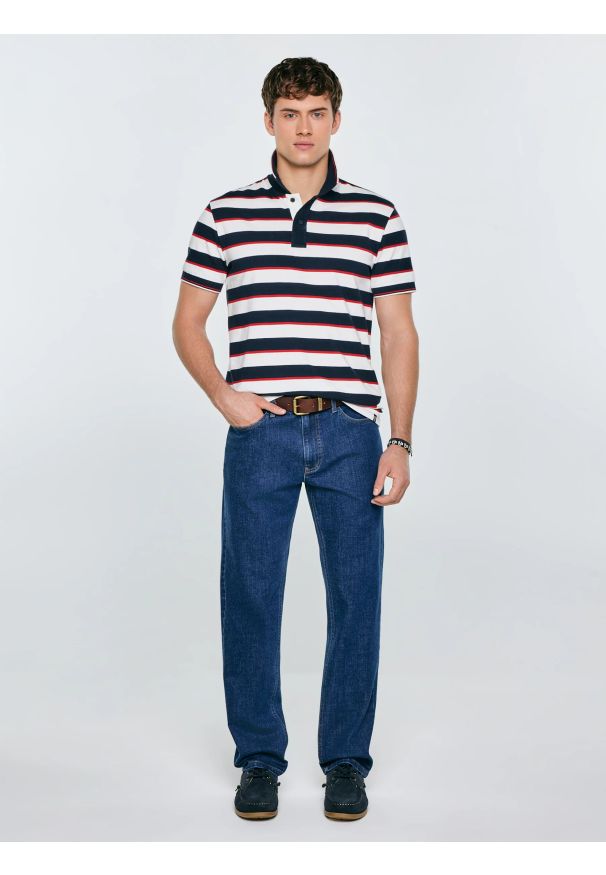 Big-Star - Koszulka męska polo w paski granatowo-biała Seulis 100. Okazja: na co dzień. Typ kołnierza: polo. Kolor: biały. Materiał: dzianina, żakard. Wzór: paski. Styl: casual, elegancki, sportowy, klasyczny