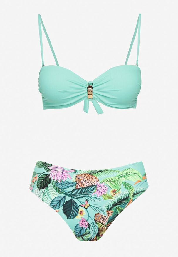 Born2be - Zielono-Niebieskie Bikini Biustonosz z Metalicznymi Ozdobami i Figi w Abstrakcyjny Wzór Ulosilla. Kolor: zielony. Wzór: aplikacja