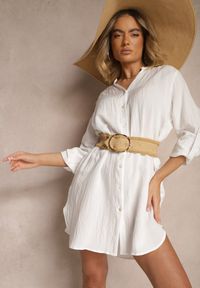 Renee - Biała Pudełkowa Sukienka Bawełniana Oversize z Dekoltem w Serek Elavellis. Okazja: na co dzień. Typ kołnierza: dekolt w serek. Kolor: biały. Materiał: bawełna. Długość rękawa: długi rękaw. Typ sukienki: oversize. Styl: elegancki, casual