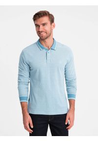Ombre Clothing - Melanżowy longsleeve męski polo z haftem – niebieski melanż V3 - Rozmiar: XXL. Okazja: na co dzień. Typ kołnierza: polo. Kolor: niebieski. Materiał: bawełna, dzianina. Długość rękawa: długi rękaw. Długość: długie. Wzór: melanż, haft. Styl: klasyczny, sportowy, casual