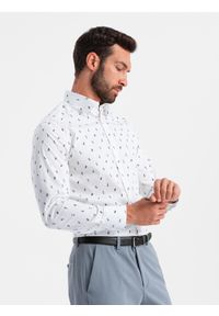 Ombre Clothing - Męska koszula bawełniana we wzory SLIM FIT - biała V2 - Rozmiar: S. Kolor: biały. Materiał: bawełna. Styl: klasyczny #5