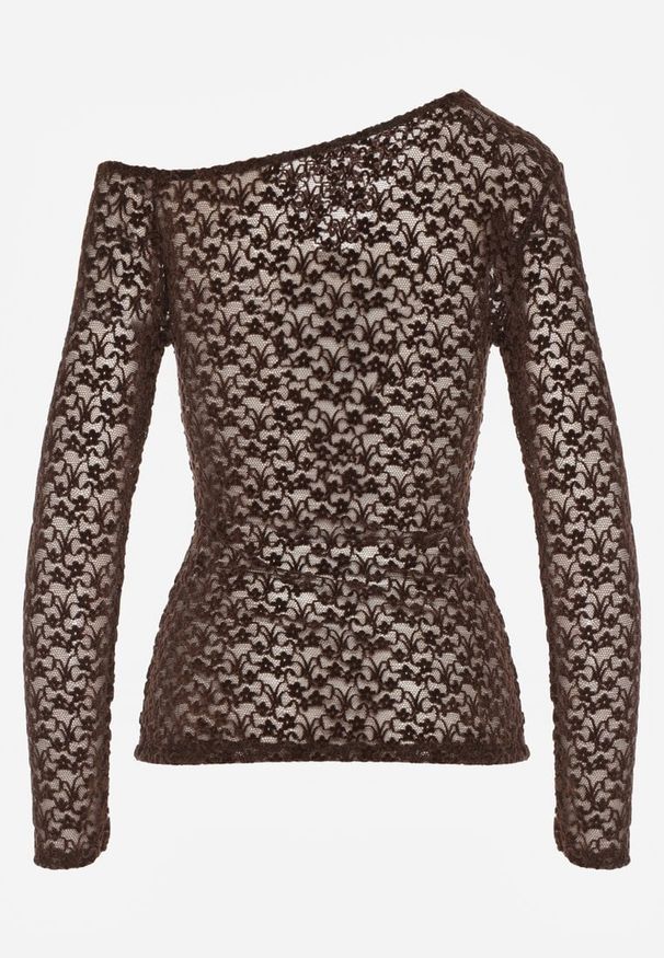 Born2be - Brązowa Koronkowa Bluzka z Długim Rękawem i Asymetrycznym Dekoltem Liwedara. Okazja: na co dzień. Kolor: brązowy. Materiał: koronka. Długość rękawa: długi rękaw. Długość: długie. Styl: casual, klasyczny, elegancki