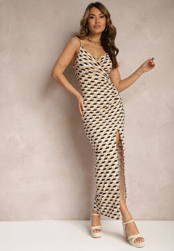 Renee - Beżowo-Czarna Dopasowana Sukienka na Ramiączkach z Marszczeniem Terida. Kolor: beżowy. Długość rękawa: na ramiączkach. Wzór: aplikacja. Typ sukienki: kopertowe