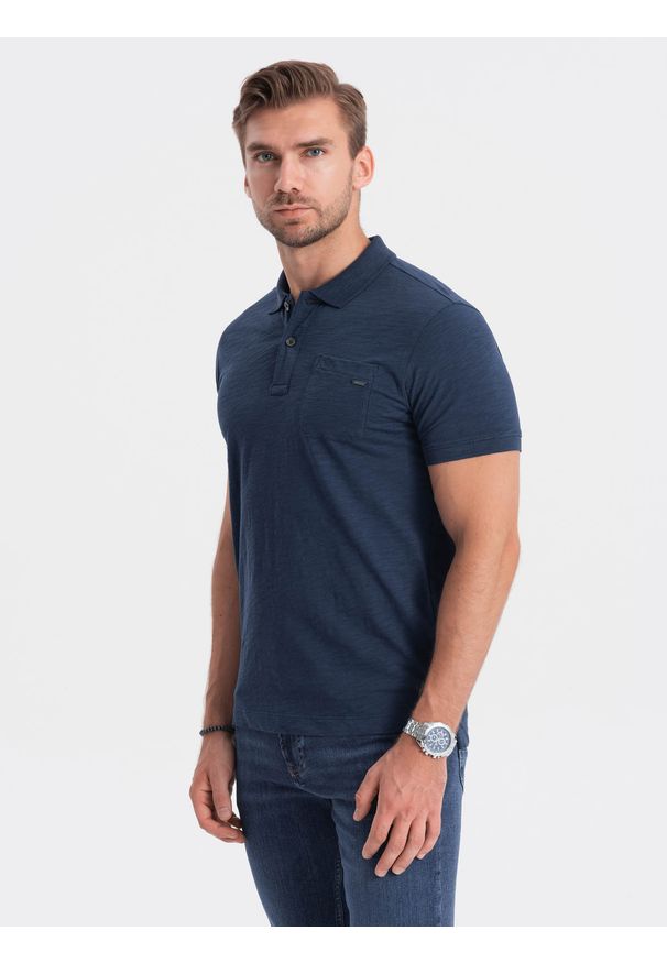 Ombre Clothing - T-shirt męski polo z ozdobnymi guzikami - ciemnoniebieska V8 S1744 - XL. Typ kołnierza: polo. Kolor: niebieski. Materiał: bawełna, dzianina
