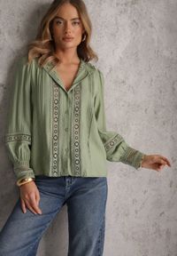 Renee - Zielona Koszula ze Stójką i Koronką Phaeninca. Okazja: na co dzień. Typ kołnierza: kołnierzyk stójkowy. Kolor: zielony. Materiał: koronka. Wzór: koronka. Styl: casual, elegancki #5