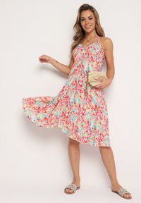 Born2be - Różowa Bawełniana Sukienka z Wiązaniem na Szyi i Plecach Risalliem. Kolor: różowy. Materiał: bawełna. Typ sukienki: rozkloszowane #5