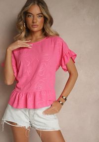 Renee - Fuksjowa Bluzka Oversize Ozdobiona Falbanami Liriele. Okazja: na co dzień. Kolor: różowy. Materiał: jeans. Wzór: aplikacja. Styl: casual