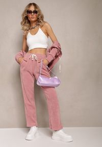 Renee - Różowe Szerokie Spodnie Sztruksowe z Gumką w Pasie z Bawełny Ciriana. Kolor: różowy. Materiał: sztruks, bawełna