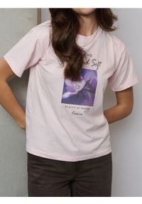 Sinsay - Bawełniana koszulka z nadrukiem - różowy. Kolor: różowy. Materiał: bawełna. Wzór: nadruk