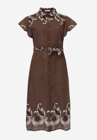 Born2be - Brązowa Rozkloszowana Sukienka Koszulowa z Wiskozy z Haftem i Wiązanym Paskiem Adellis. Okazja: na co dzień. Kolekcja: plus size. Kolor: brązowy. Materiał: wiskoza. Wzór: haft. Sezon: lato. Typ sukienki: koszulowe. Styl: casual, boho #2