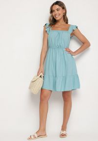 Born2be - Niebieska Sukienka z Wiskozą o Rozkloszowanym Kroju z Gumką w Pasie Lirimere. Okazja: na co dzień. Typ kołnierza: kołnierz z falbankami. Kolor: niebieski. Materiał: wiskoza. Długość rękawa: na ramiączkach. Styl: casual, elegancki #5