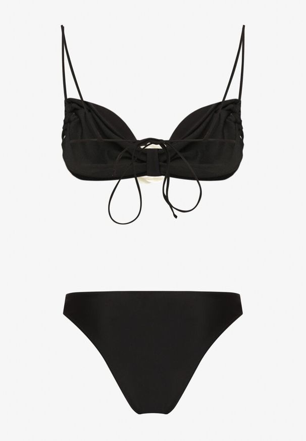 Born2be - Czarne Bikini Klasyczny Biustonosz i Figi Ozdobione Kwiatową Aplikacją Rivaeria. Kolor: czarny. Wzór: aplikacja, kwiaty