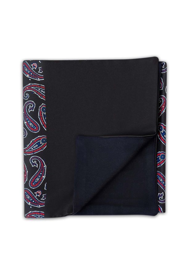 Adam Collection - Elegancki czarny szal do płaszcza w bordowo-granatowy wzór - paisley L19. Kolor: czarny, wielokolorowy, czerwony, niebieski. Materiał: wiskoza, tkanina. Wzór: paisley. Styl: elegancki