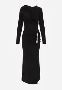 Renee - Czarna Koktajlowa Sukienka z Drapowaniem i Aplikacją z Cyrkoniami Corirephis. Okazja: na imprezę. Kolor: czarny. Wzór: aplikacja. Styl: wizytowy #7