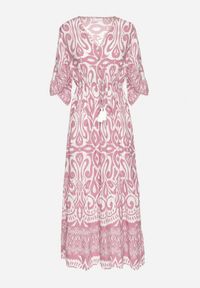 Born2be - Różowa Sukienka Bawełniana w Ornamentalny Wzór z Gumką w Talii Orrielle. Okazja: na co dzień. Typ kołnierza: dekolt w serek. Kolor: różowy. Materiał: bawełna. Typ sukienki: sportowe. Styl: casual, sportowy #6