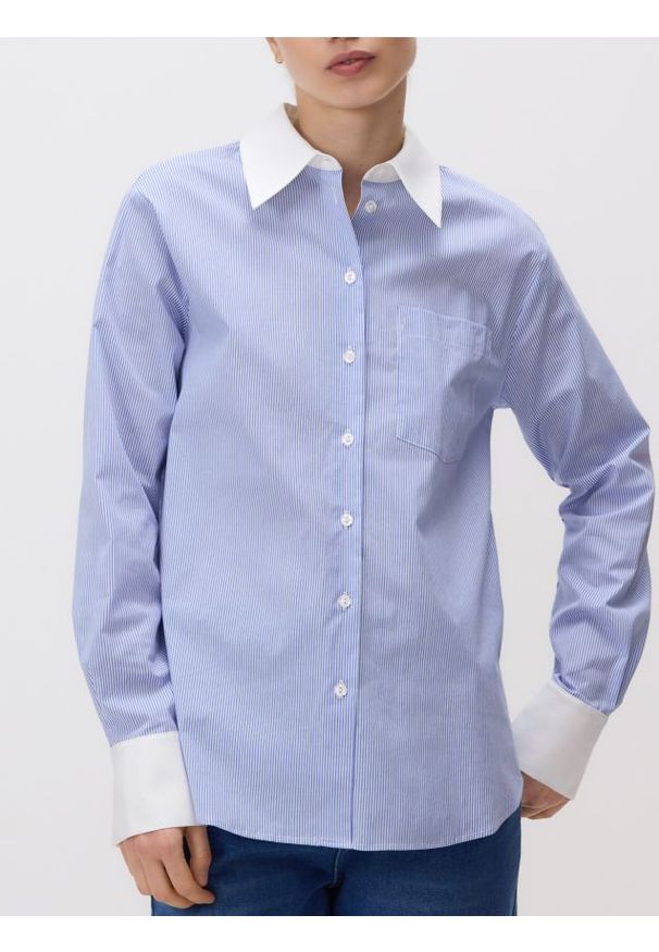 Reserved - Koszula z kontrastowym wykończeniem - niebieski. Kolor: niebieski. Materiał: bawełna, tkanina