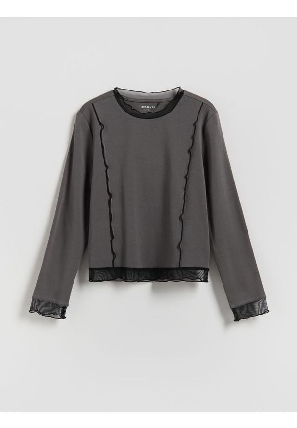 Reserved - Gładka bluzka z siateczką - ciemnoszary. Kolor: szary. Materiał: bawełna. Wzór: gładki