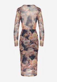 Renee - Brązowo-Granatowa Kopertowa Sukienka z Siateczki z Wiskozą Zdobiona Marszczeniem Varseli. Kolor: brązowy. Materiał: wiskoza. Wzór: aplikacja. Typ sukienki: kopertowe. Styl: klasyczny #7