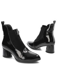 Czarne Botki S.Barski Damskie Modne Obuwie. Zapięcie: zamek. Kolor: czarny. Materiał: skóra ekologiczna, lakier, materiał. Obcas: na obcasie. Styl: klasyczny, elegancki. Wysokość obcasa: średni #6