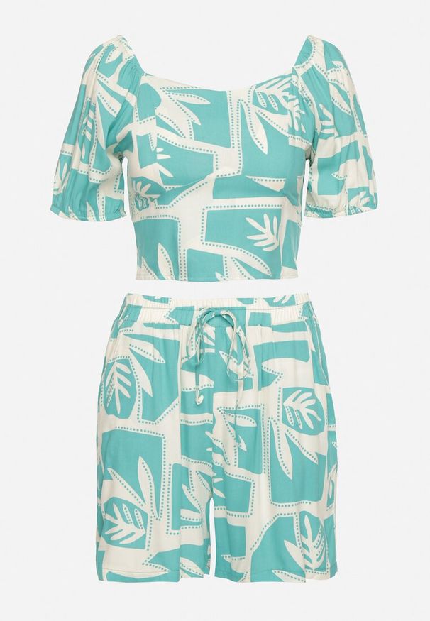 Born2be - Jasnozielony Komplet z Wiskozy z Motywem Roślinnym Szorty i Bluzka Felestia. Kolor: zielony. Materiał: wiskoza