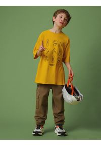 4f - 4F T-shirt loose z nadrukiem chłopięcy - żółte 158/164 (12-14 lat). Okazja: na co dzień. Kolor: żółty. Materiał: dzianina, bawełna. Wzór: nadruk. Sezon: lato. Styl: casual #1
