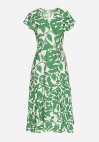 Born2be - Jasnozielona Rozkloszowana Sukienka z Wiązaniem w Roślinny Wzór Janitaie. Okazja: na co dzień. Typ kołnierza: dekolt w serek. Kolor: zielony. Materiał: jeans. Długość rękawa: krótki rękaw. Styl: klasyczny, casual, elegancki #5