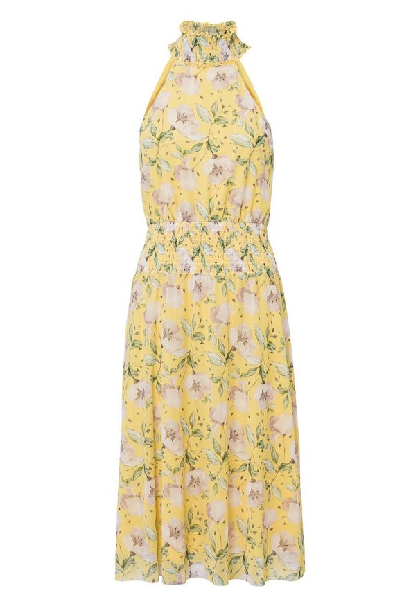 Sukienka z przeszyciem cienkimi gumkami bonprix żółty w kwiaty. Kolor: żółty. Wzór: kwiaty