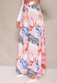 Renee - Biało-Różowe Wiskozowe Spodnie High Waist w Kolorowe Liście o Szerokim Fasonie Indiala. Stan: podwyższony. Kolor: biały. Materiał: wiskoza. Wzór: kolorowy