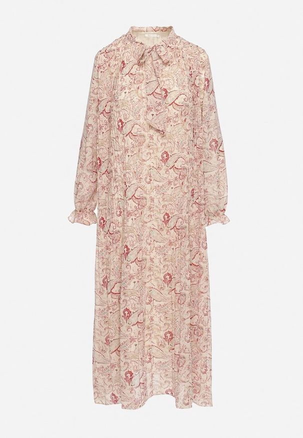 Born2be - Jasnobeżowa Sukienka Plisowana o Rozkloszowanym Kroju w Print Paisley z Wiązaniem na Dekolcie Rosamuna. Okazja: na co dzień. Kolor: beżowy. Wzór: paisley, nadruk. Styl: klasyczny, elegancki, casual