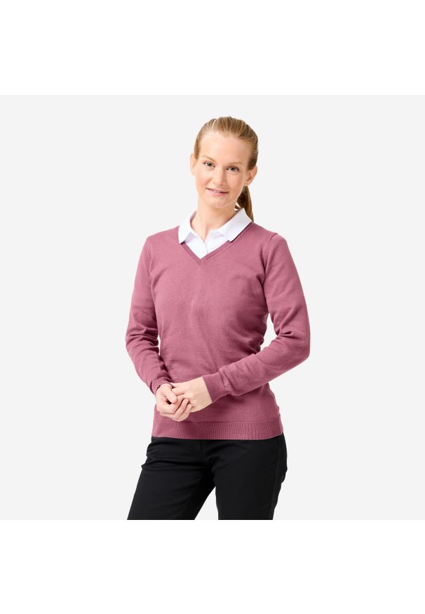 INESIS - Sweter do golfa damski Inesis MW100 dekolt w serek. Typ kołnierza: dekolt w serek, golf. Kolor: fioletowy. Materiał: bawełna, materiał. Styl: elegancki, sportowy