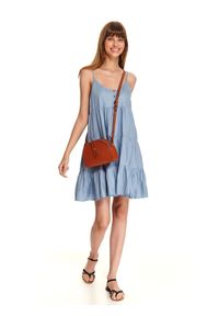 TOP SECRET - Luźna sukienka mini na ramiączkach z falbanami. Kolor: niebieski. Długość rękawa: na ramiączkach. Typ sukienki: koszulowe. Długość: mini #3