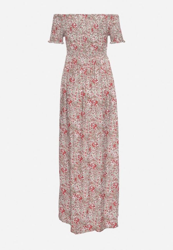 Born2be - Różowa Sukienka Hiszpanka Długa z Bawełny w Kwiatowy Print Mrosa. Typ kołnierza: dekolt hiszpanka. Kolor: różowy. Materiał: bawełna. Wzór: nadruk, kwiaty. Sezon: wiosna, lato. Typ sukienki: z odkrytymi ramionami. Styl: boho, elegancki. Długość: maxi