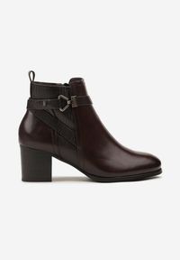 Born2be - Brązowe Botki na Słupku z Metaliczną Aplikacją przy Cholewce Tulianis. Okazja: na co dzień. Kolor: brązowy. Materiał: jeans. Szerokość cholewki: normalna. Wzór: aplikacja. Obcas: na słupku. Styl: casual, elegancki. Wysokość obcasa: średni