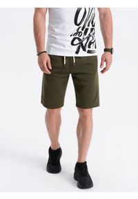 Ombre Clothing - Krótkie spodenki męskie z kieszeniami - ciemnooliwkowe V16 - Rozmiar: XL. Kolor: oliwkowy. Materiał: poliester, dzianina, bawełna. Długość: krótkie