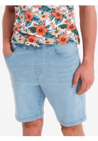 Ombre Clothing - Szorty męskie z gumką w pasie i efektem sprania – jasnoniebieskie V1 OM-SRDS-0192 - XXL. Okazja: na co dzień. Kolor: niebieski. Materiał: bawełna, materiał, skóra, elastan, denim. Sezon: lato. Styl: elegancki, casual #7