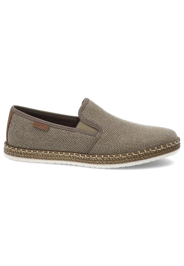Beżowe Espadryle Rieker Eleganckie Wsuwane Obuwie Męskie. Okazja: na co dzień. Zapięcie: bez zapięcia. Kolor: beżowy. Materiał: guma, jeans, materiał. Sezon: lato. Styl: elegancki