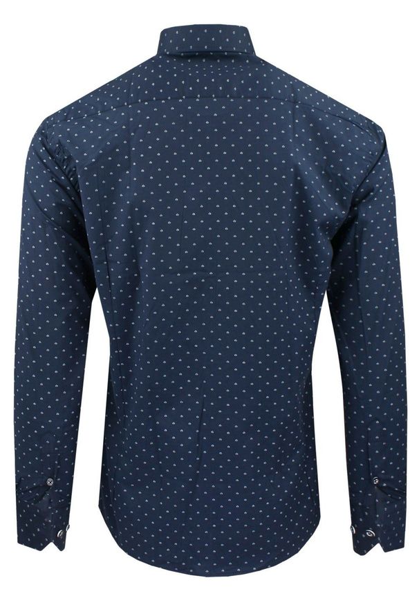 Męska Koszula, Taliowana (Slim Fit) - Rigon - Granatowa, Drobny Wzór. Okazja: na spotkanie biznesowe, do pracy. Kolor: niebieski. Materiał: poliester, elastan, bawełna. Długość rękawa: długi rękaw. Długość: długie. Styl: elegancki, biznesowy, wizytowy