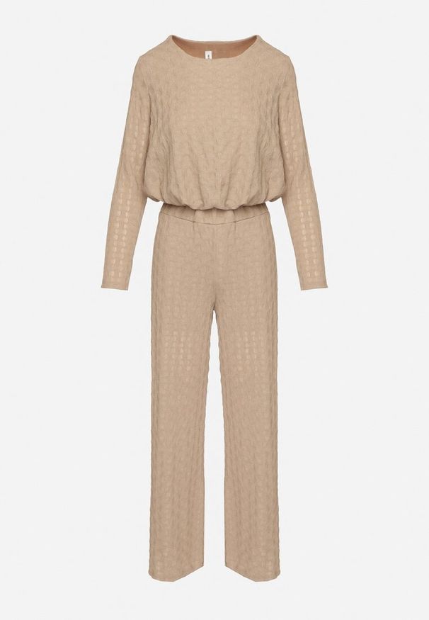 Born2be - Jasnobrązowy Komplet z Tłoczonej Tkaniny Szerokie Spodnie i Bufiasta Bluzka Calloti. Kolor: brązowy. Materiał: tkanina