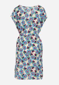 Born2be - Beżowo-Niebieska Pudełkowa Sukienka z Wiskozy Wiązana Sznurkiem w Talii Tiamadine. Okazja: na randkę, na co dzień, na spotkanie biznesowe. Kolor: beżowy. Materiał: wiskoza. Długość rękawa: krótki rękaw. Wzór: kwiaty. Styl: casual, klasyczny, biznesowy #4