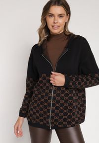 Born2be - Czarny Kardigan na Suwak z Kapturem i Geometrycznym Motywem Lunetusa. Okazja: na co dzień. Typ kołnierza: kaptur. Kolor: czarny. Materiał: jeans. Wzór: geometria. Styl: casual, elegancki #7