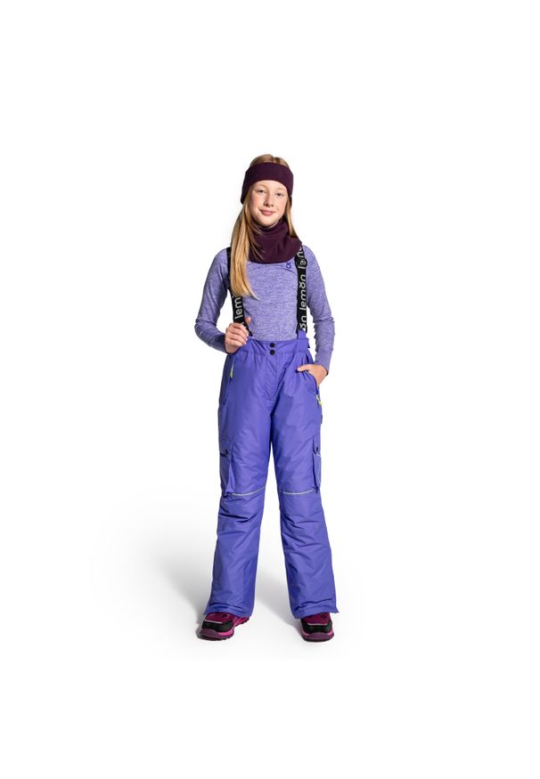 Spodnie narciarskie dla dzieci ocieplane z szelkami Lemon Explore ZL4. Stan: podwyższony. Kolor: fioletowy. Materiał: poliester. Sezon: zima. Sport: narciarstwo