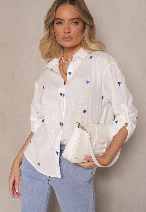 Renee - Biała Bawełniana Koszula w Serca Elearose. Okazja: na co dzień. Kolor: biały. Materiał: bawełna. Długość: długie. Styl: klasyczny, casual, elegancki