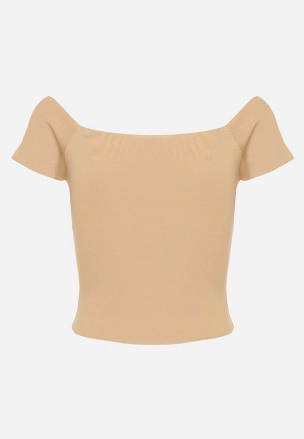 Born2be - Jasnobrązowa Bluzka z Dekoltem Typu Łódka Siletta. Okazja: na co dzień. Kolor: brązowy. Materiał: jeans. Styl: klasyczny, elegancki, casual