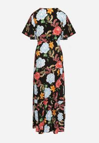 Born2be - Czarno-Niebieska Sukienka Maxi z Gumką w Talii z Szerokimi Rękawami i Kwiatowym Printem Nodriala. Okazja: na imprezę. Kolor: czarny. Wzór: kwiaty, nadruk. Sezon: lato. Długość: maxi #6