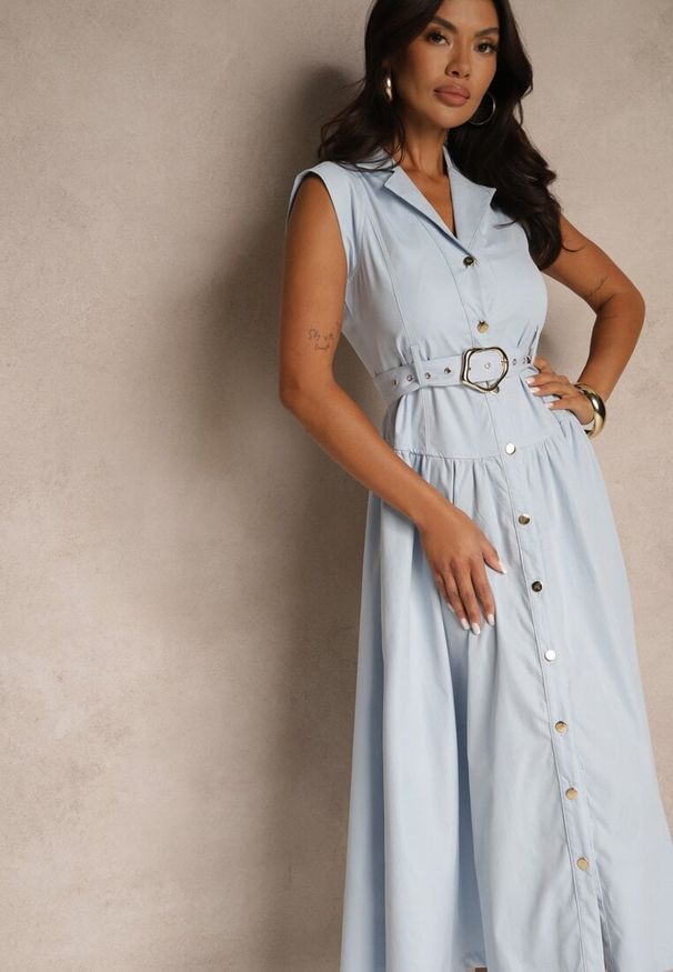 Renee - Niebieska Koszulowa Sukienka z Ozdobnym Paskiem Deviolin. Okazja: na co dzień. Kolor: niebieski. Wzór: aplikacja. Typ sukienki: koszulowe. Styl: klasyczny, casual, elegancki