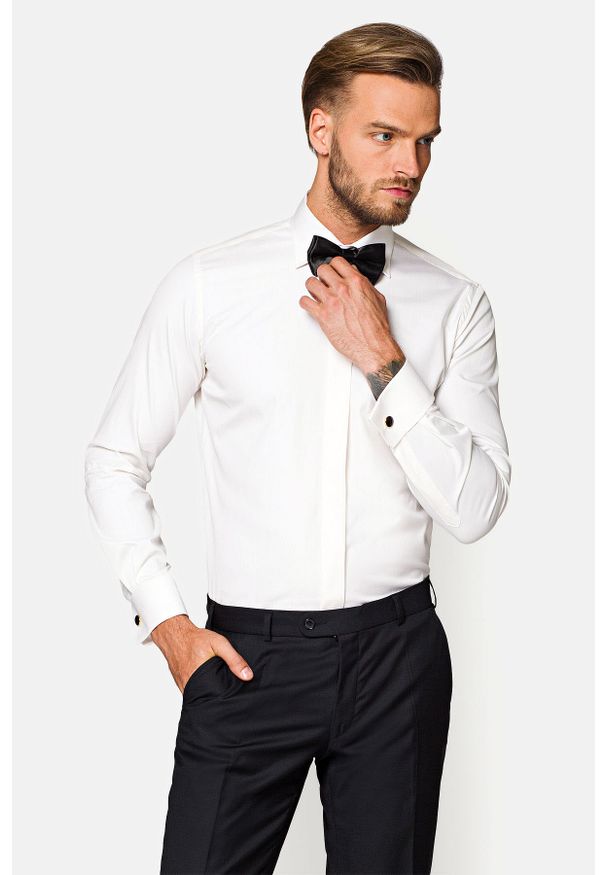 Lancerto - Koszula Ecru Carl. Materiał: tkanina, jedwab, bawełna. Styl: klasyczny, elegancki, wizytowy